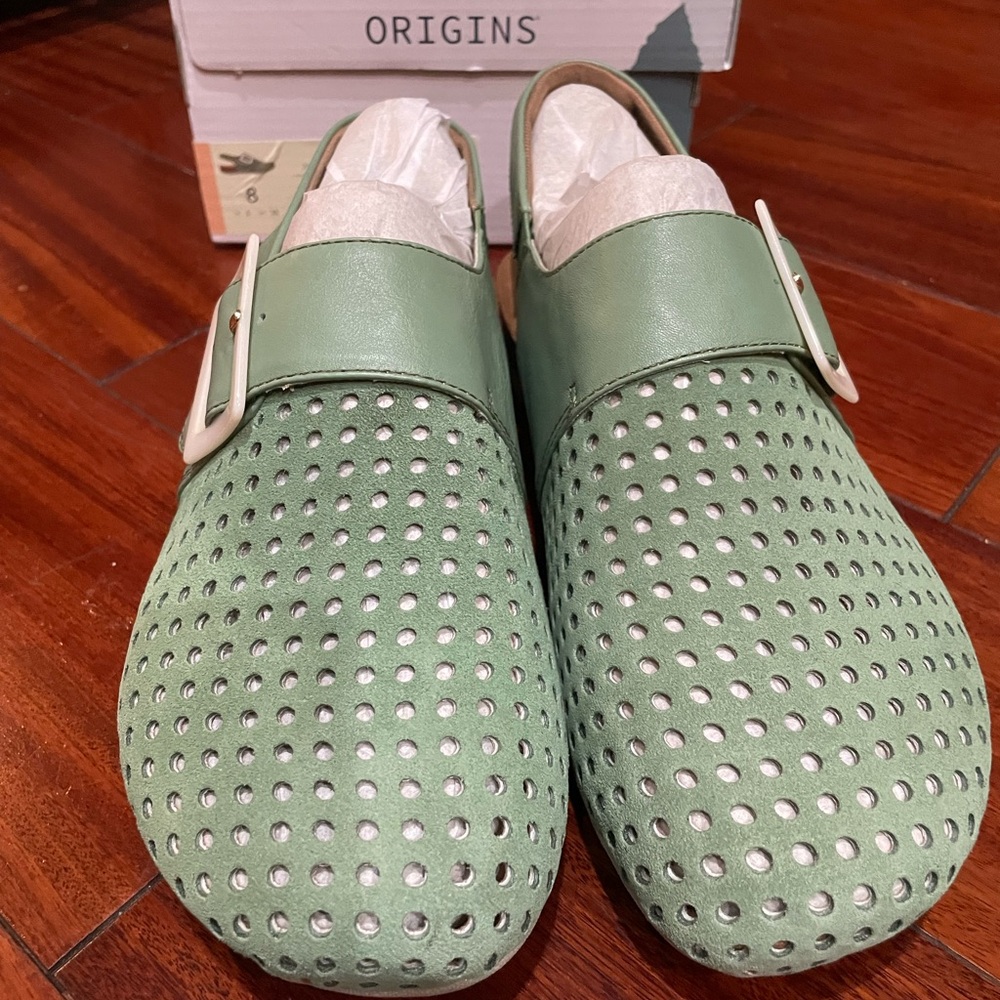 Origins Earth Dark Mint Suede Mules “Belinda”